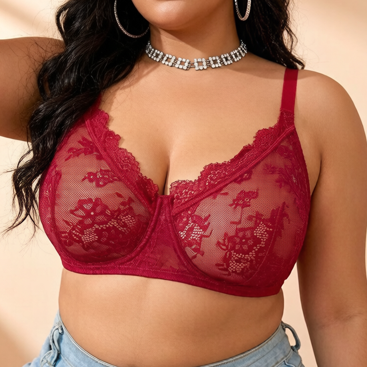 Women Plus Size Red Lace Sheer - Full Coverage Bra incelemesi ve fiyatı