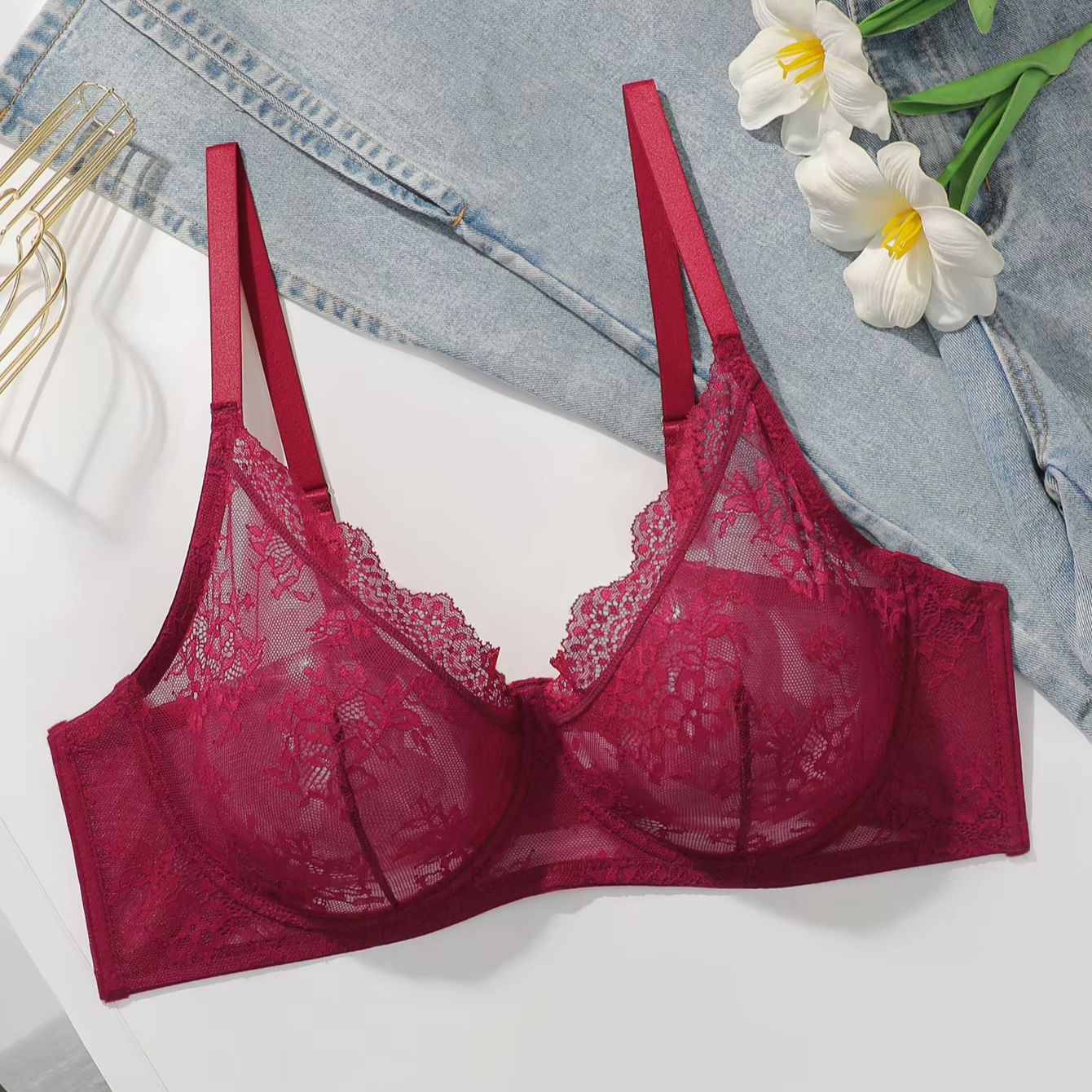 Women Plus Size Red Lace Sheer - Full Coverage Bra incelemesi ve fiyatı