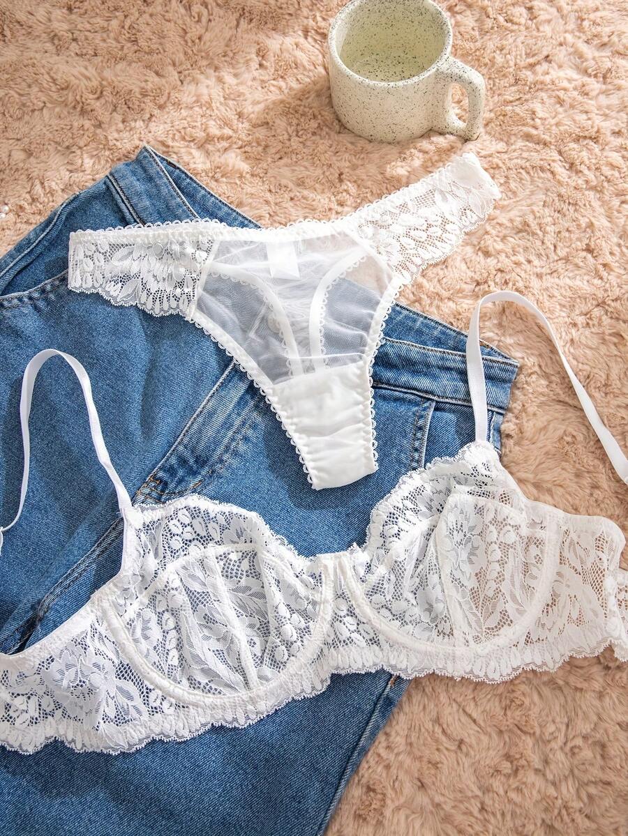 White Lace Bra and Panty Set w - Sheer Bra Lace incelemesi ve fiyatı